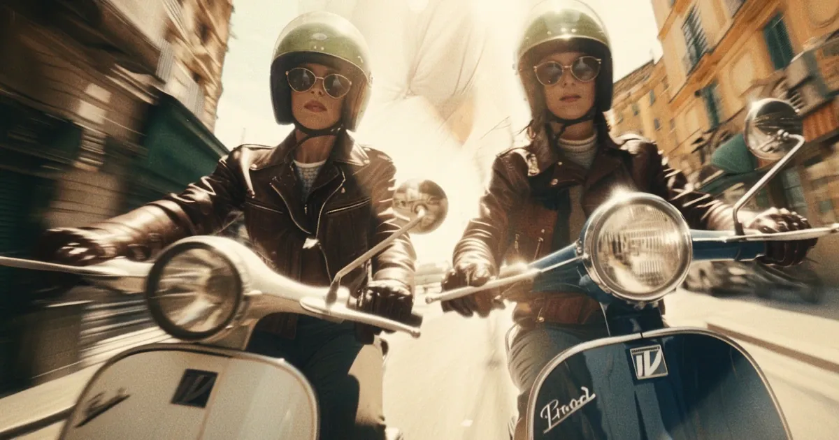 Mods to the rescue — two Mods on scooters, racing through a sunlit street.