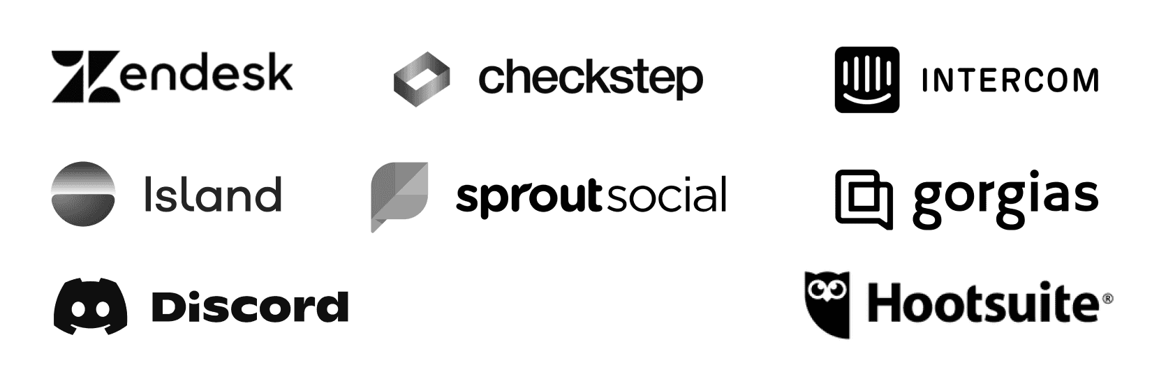 Zendesk, Gorgias, Intercom, Hootsuite, Sprout Social, CheckStep, Discord, Island